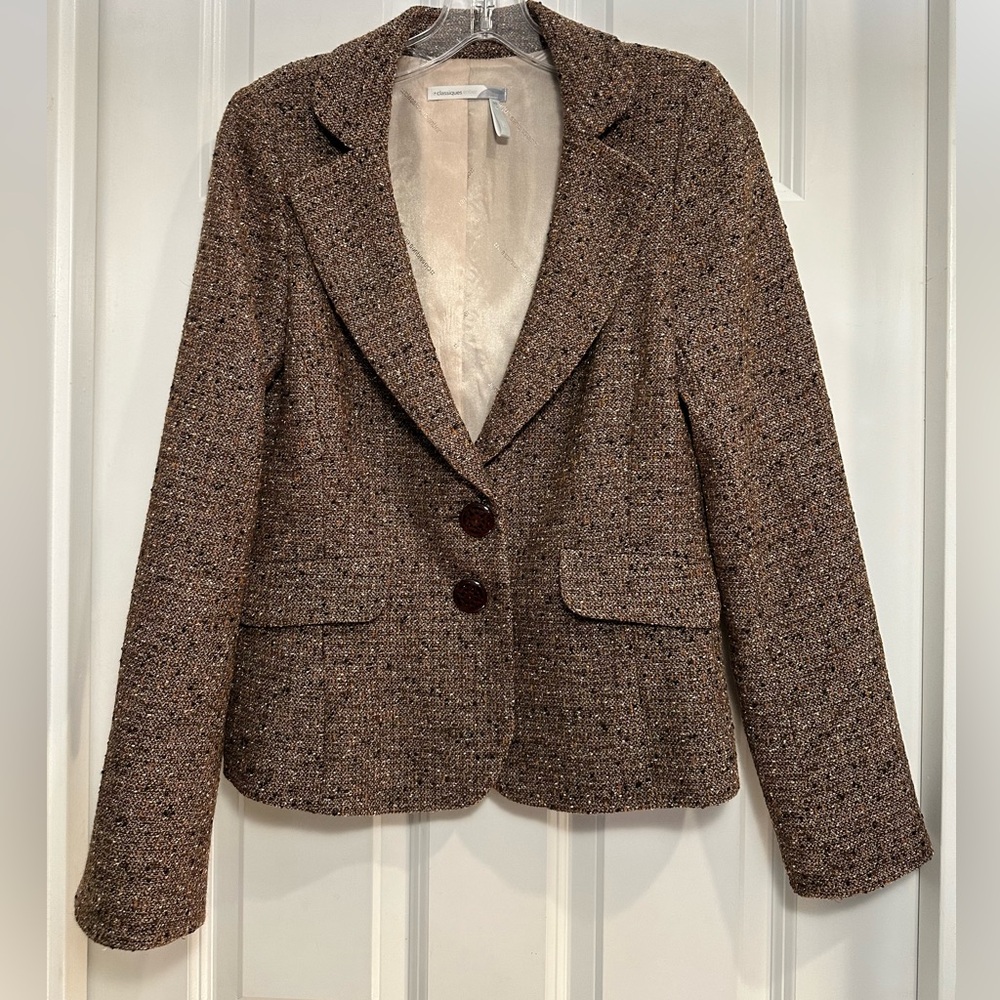 Size 10, women’s tweed blazer, tan, 65% wool, Classiques Entier brand